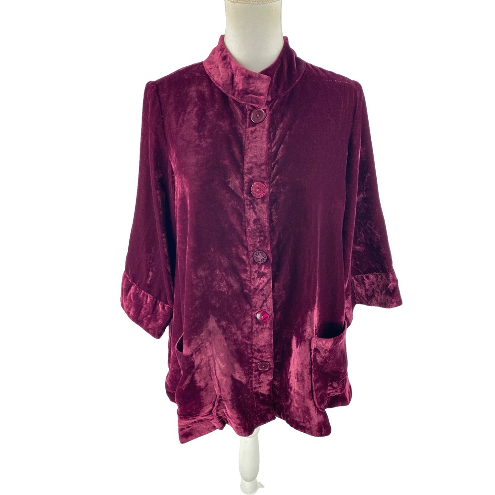 April Cornell XS Burgundy Crushed Velvet 3/4 Sleeve Blouse Jacket‎ Pockets Boho